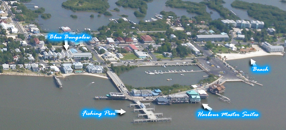 An aerial map of Cedar Key, showing the location of Blue Bungalow and the Cedar Key Harbour Master